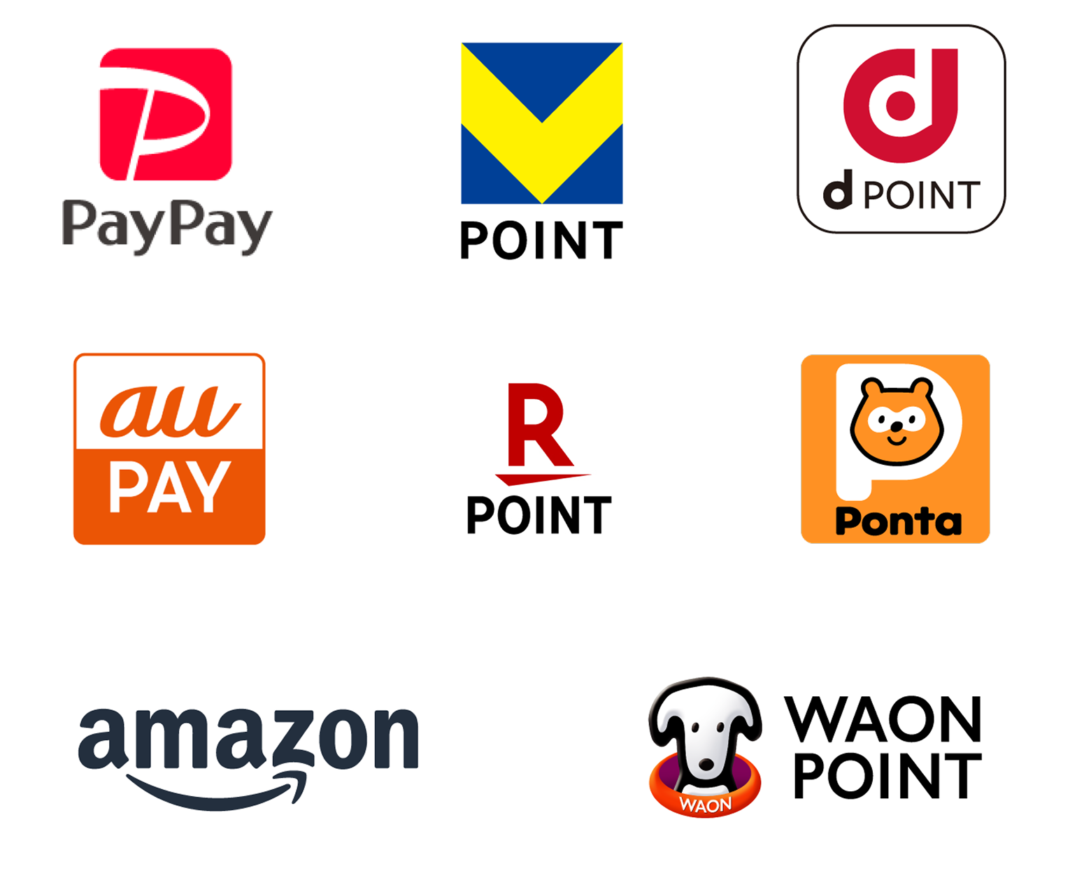 PayPay、Vポイント、dポイント、au PAY、楽天ポイント、Ponta、Amazon、WAON POINT